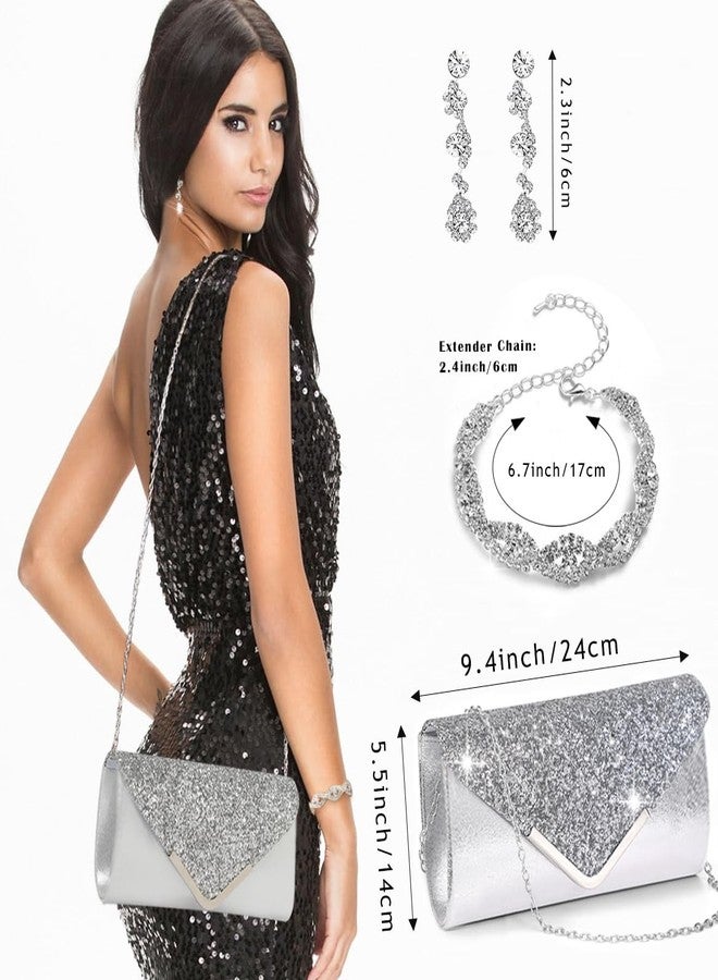 MEDOJO 10Pcs Silvery Rhinestone Jewelry Set for Women Bride Wedding Prom Jewelry Evening Rhinestone Sparkly Clutch Purse Bag Necklace Tennise Layered Bracelets CZ Ring Crystal Drop Earring Set - Image 3